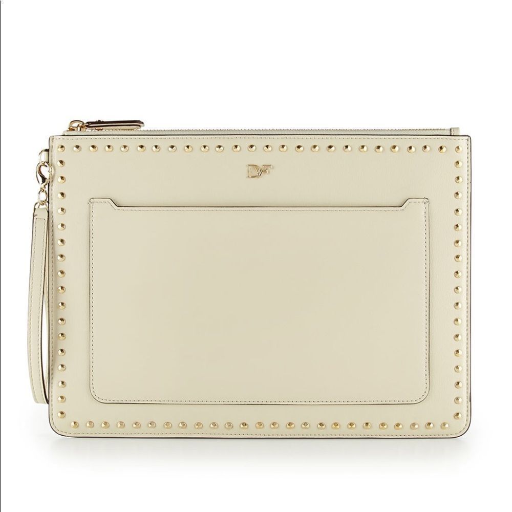 DVF On the Go Studded Zip Pouch in Parchment Cream Gold Studs